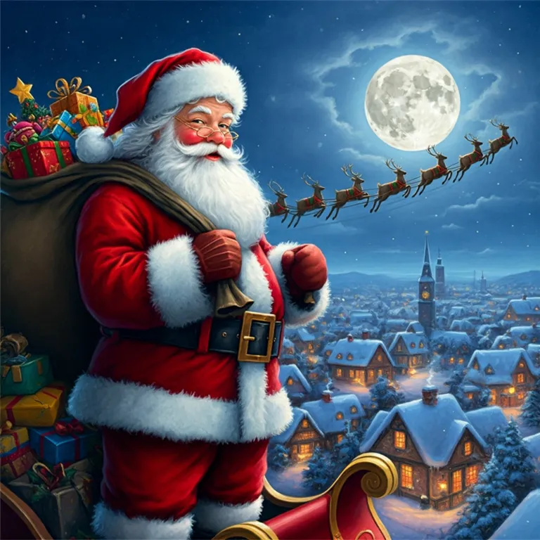 An oil painting depicting a classic Christmas scene with Santa Claus